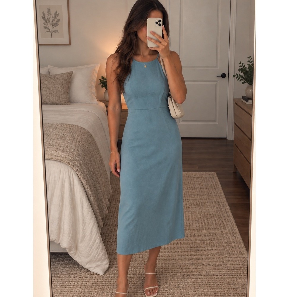 Wilfred Aritzia Light Blue Apron Neck Midi Dress Sleeveless Open Back Size 6